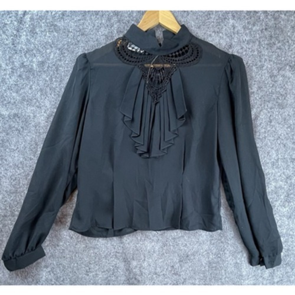 David Benjamin Shirt Womens Large Black Ruffle‎ Button Back Lace Sheer